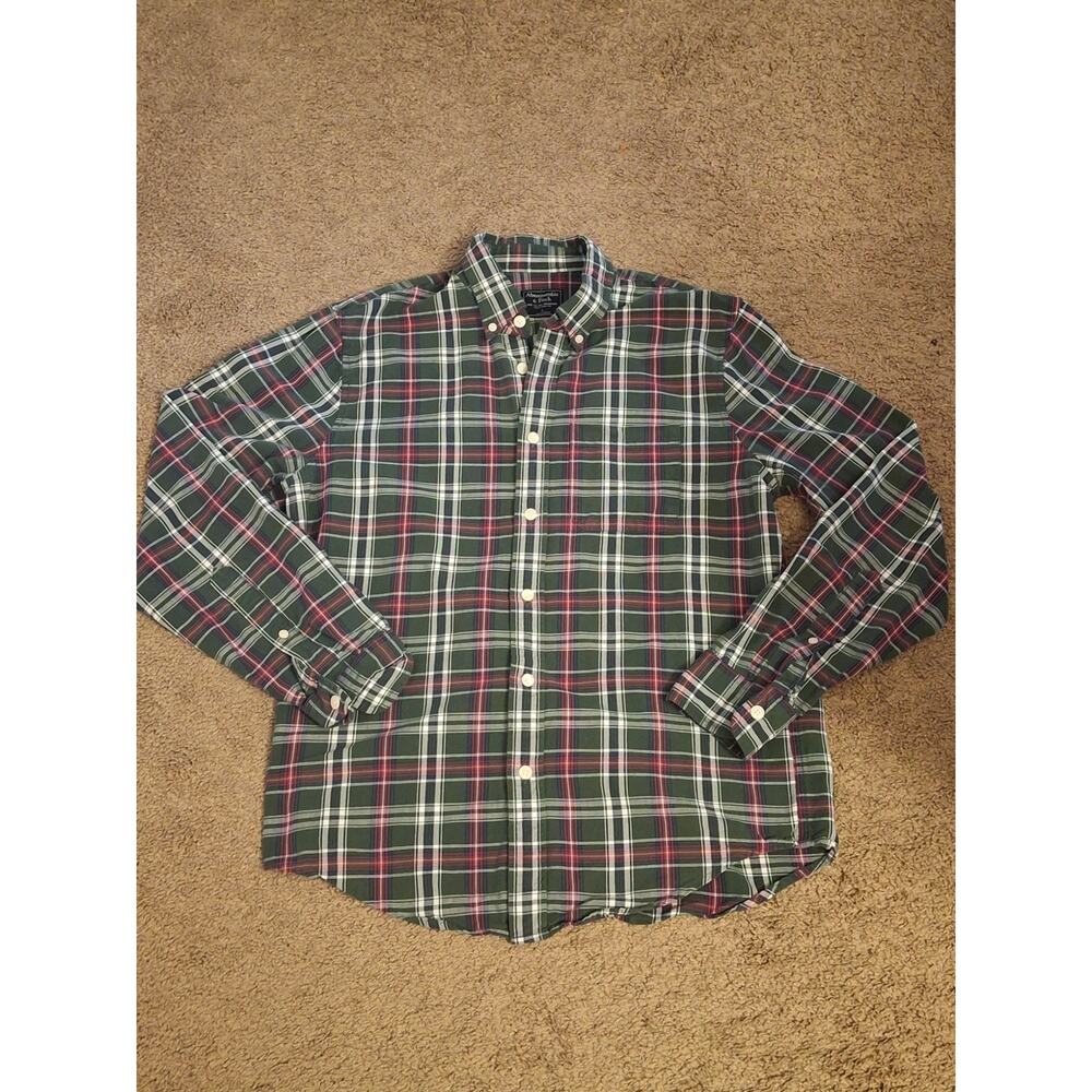 Abercrombie & Fitch Men's Classic Fit Green&Red Plaid Long Sleeve Shirt - Size L